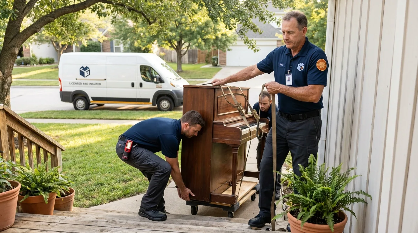 Licensed piano movers securing grand piano in Chester Heights, PA