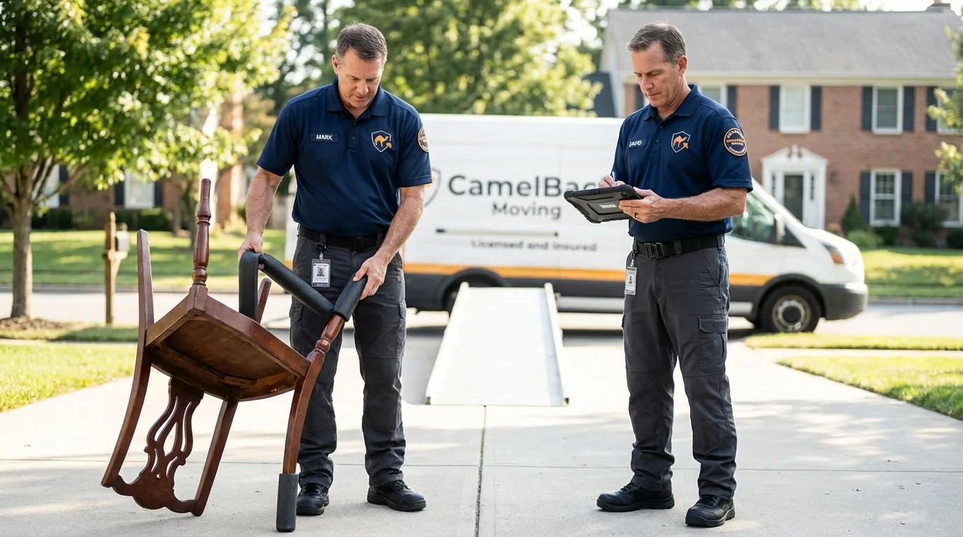 Movers inspecting furniture for damage prevention before loading in Chester Heights, PA