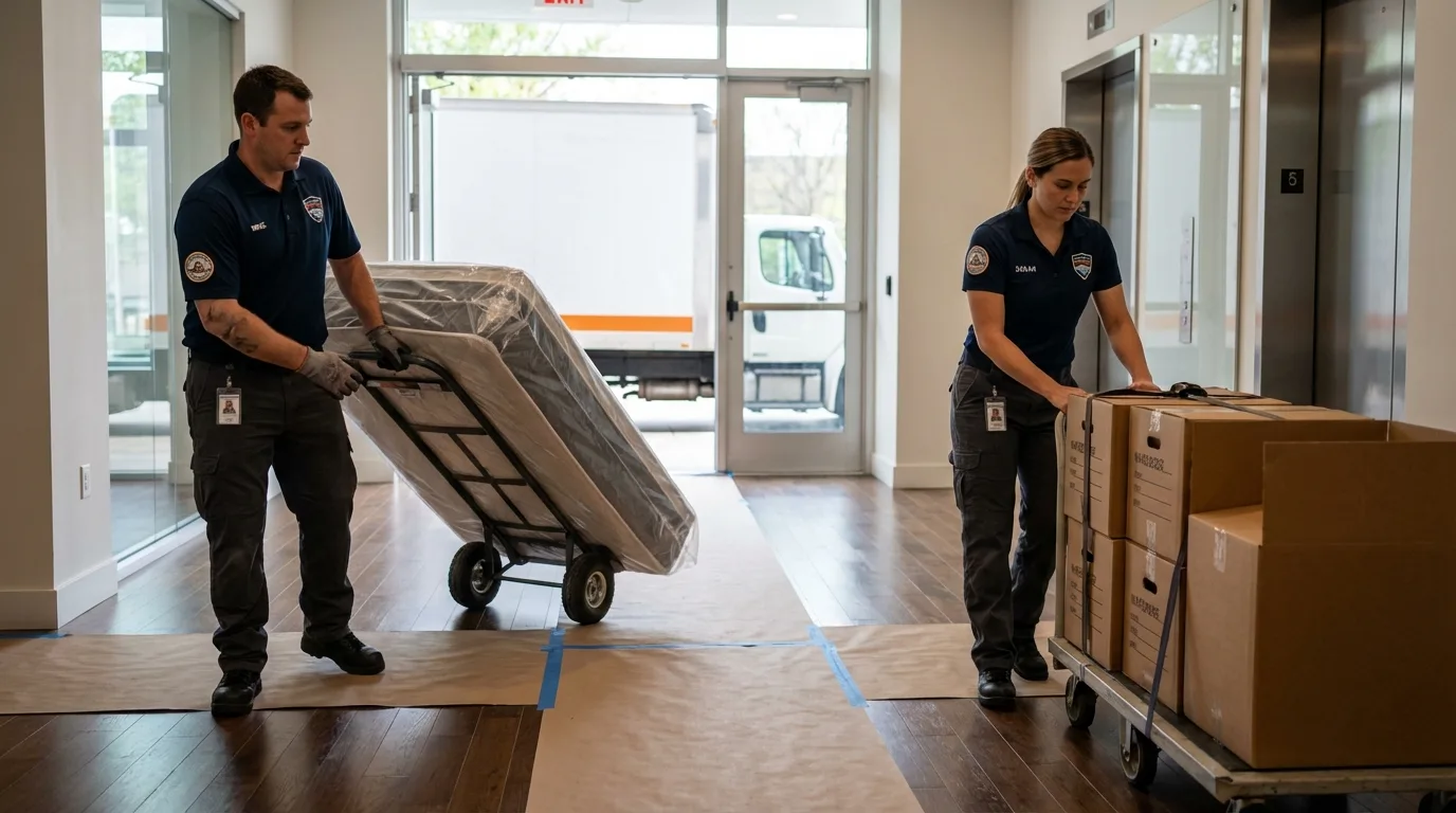 Professional apartment movers loading elevator in Chester Heights, PA