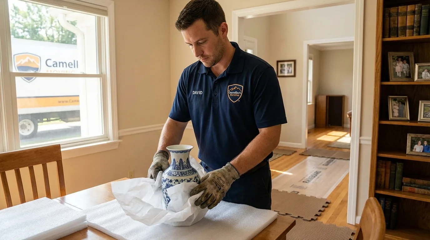 Professional crew carefully wrapping antique vase for senior downsizing move in Chester Heights, PA